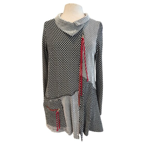 Moonlight Asymmetrical Long Sleeve Polka Dot & Gingham Tunic Top With Red Accent - Picture 1 of 7